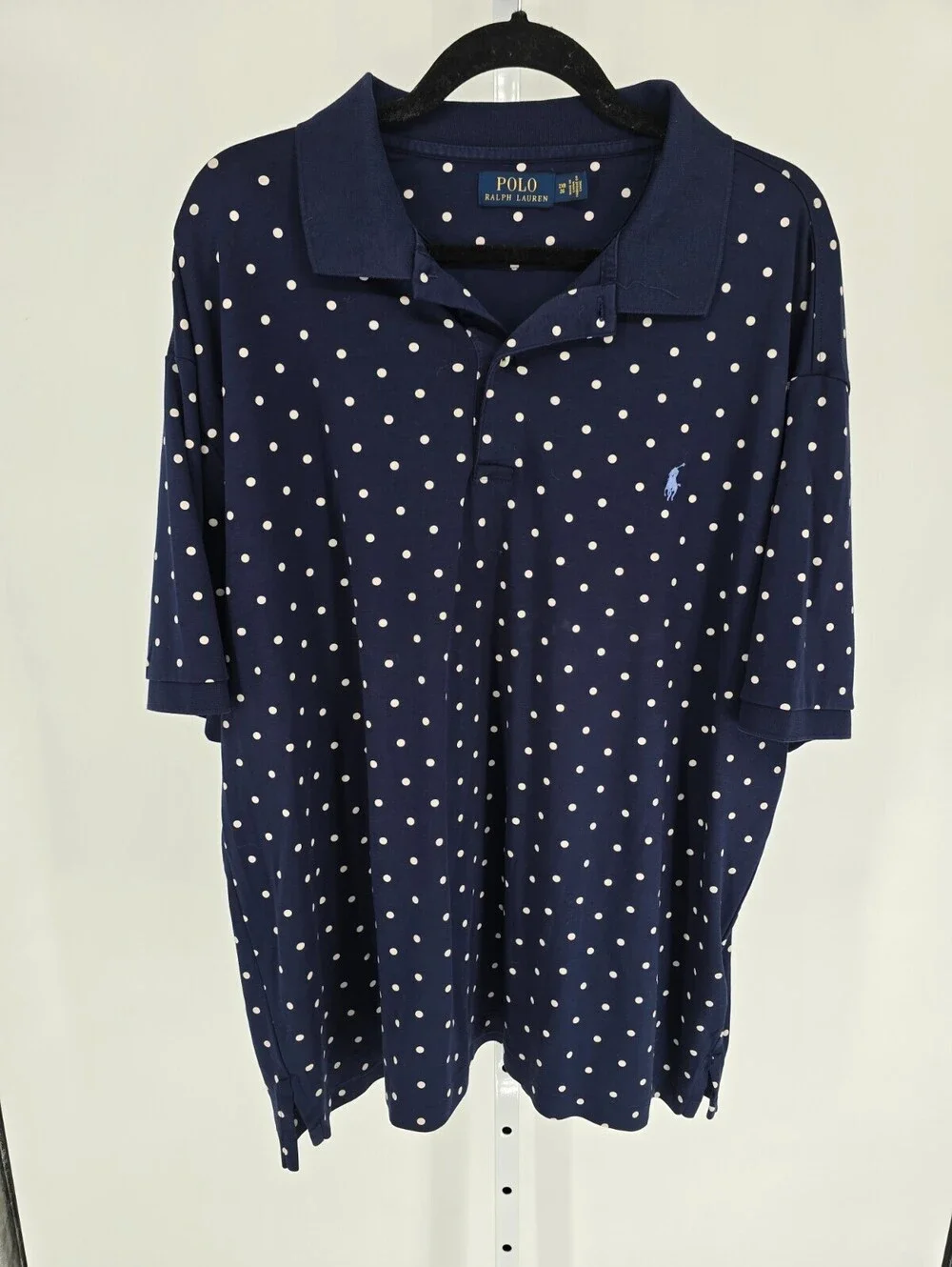 Polo Ralph Lauren Mens Sz 2XB Short Sleeve Polo Shirt Navy Blue White Polka Dot